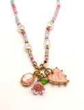 BEADED PEARL FLORAL HEART CHARM NECKLACE