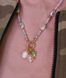 BEADED PEARL FLORAL HEART CHARM NECKLACE